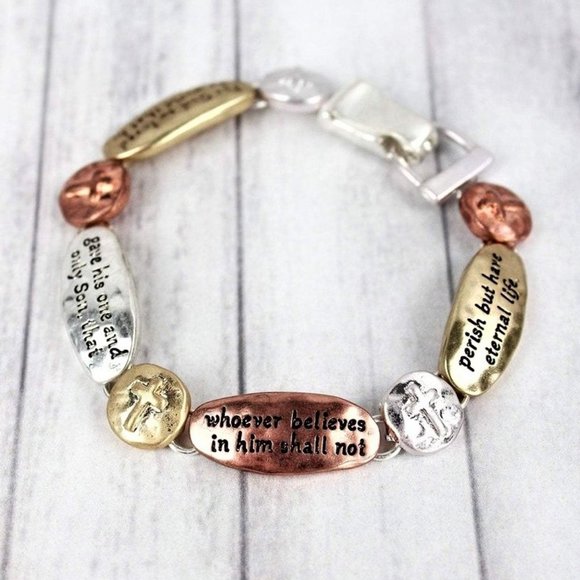 Bracelet. John 3:16 Scripture. Gold Silver Copper. Cross Beads. NWT. - Picture 2 of 2